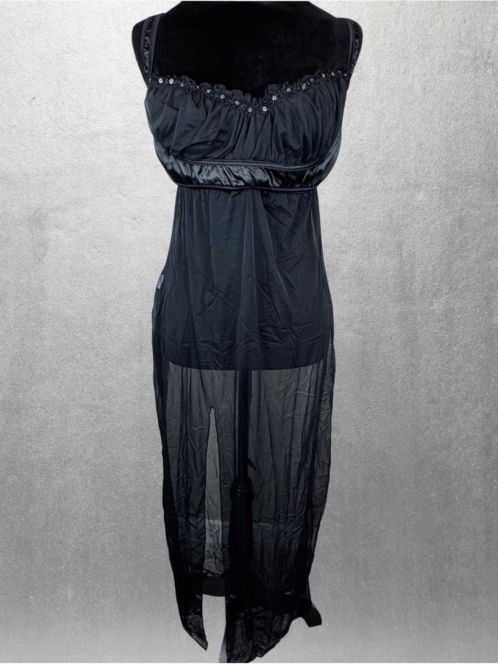 Coquette Satin And Mesh Maxi Nightgown Lingerie Lace Up Corset Back Black XL